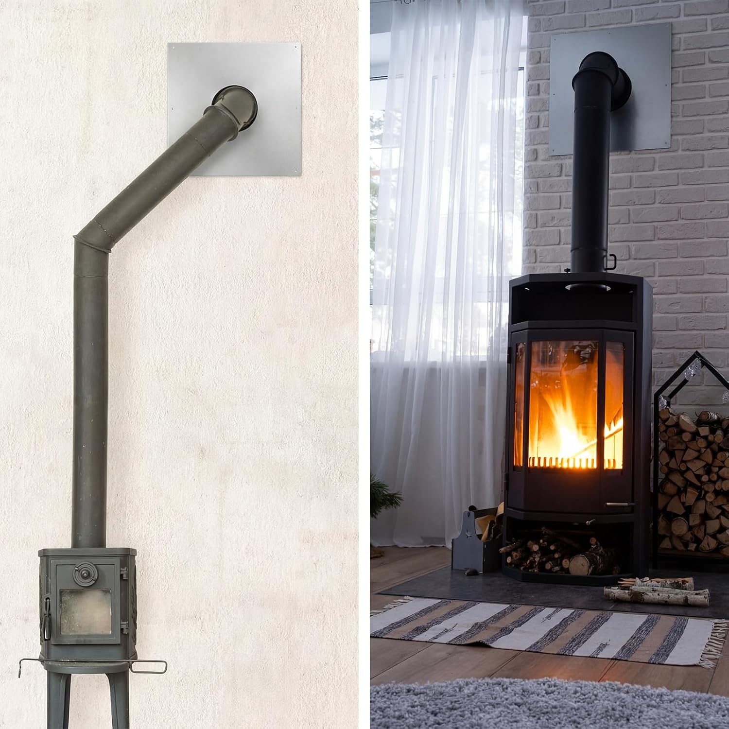 3.5” Wall Thimble for 3” Pellet Stove Pipe, 10x10 Inch Plate, Fits 6¼”–6½” Wall Opening, Fixed 4.33” Length with Front & Back Flanges, Stainless Steel, Includes 20 Screws