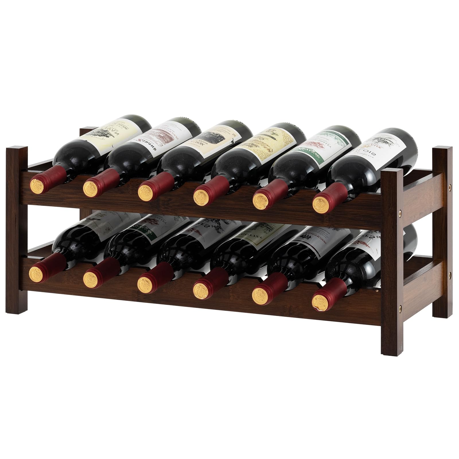 KOMFOTTEU Botellero de Bambú para hasta 12 Botellas, Estantería de Vino de Mesa con 2 Niveles, Sostenedor de Botella para Encimera, Despensa, Cocina, 62 x 24 x 25 cm