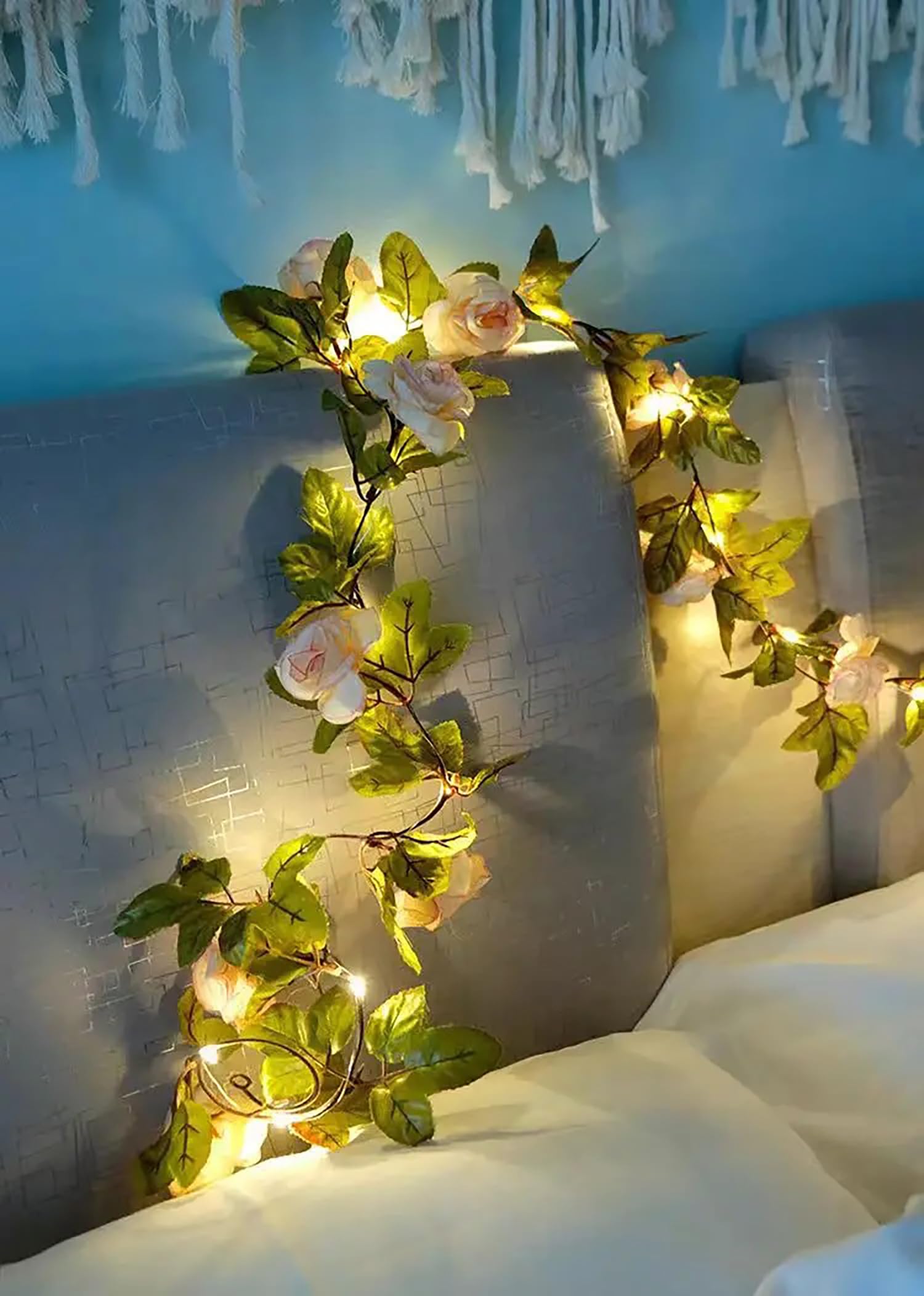 Solar Rose Lichterkette Aussen Dekorative Lichter Künstlicher Rose Blume Efeu Girlande,Wasserdicht Solarlampen Gartendeko für Balkon Terrasse Zaun Hochzeit Party (Champagner, 10m 100LED)