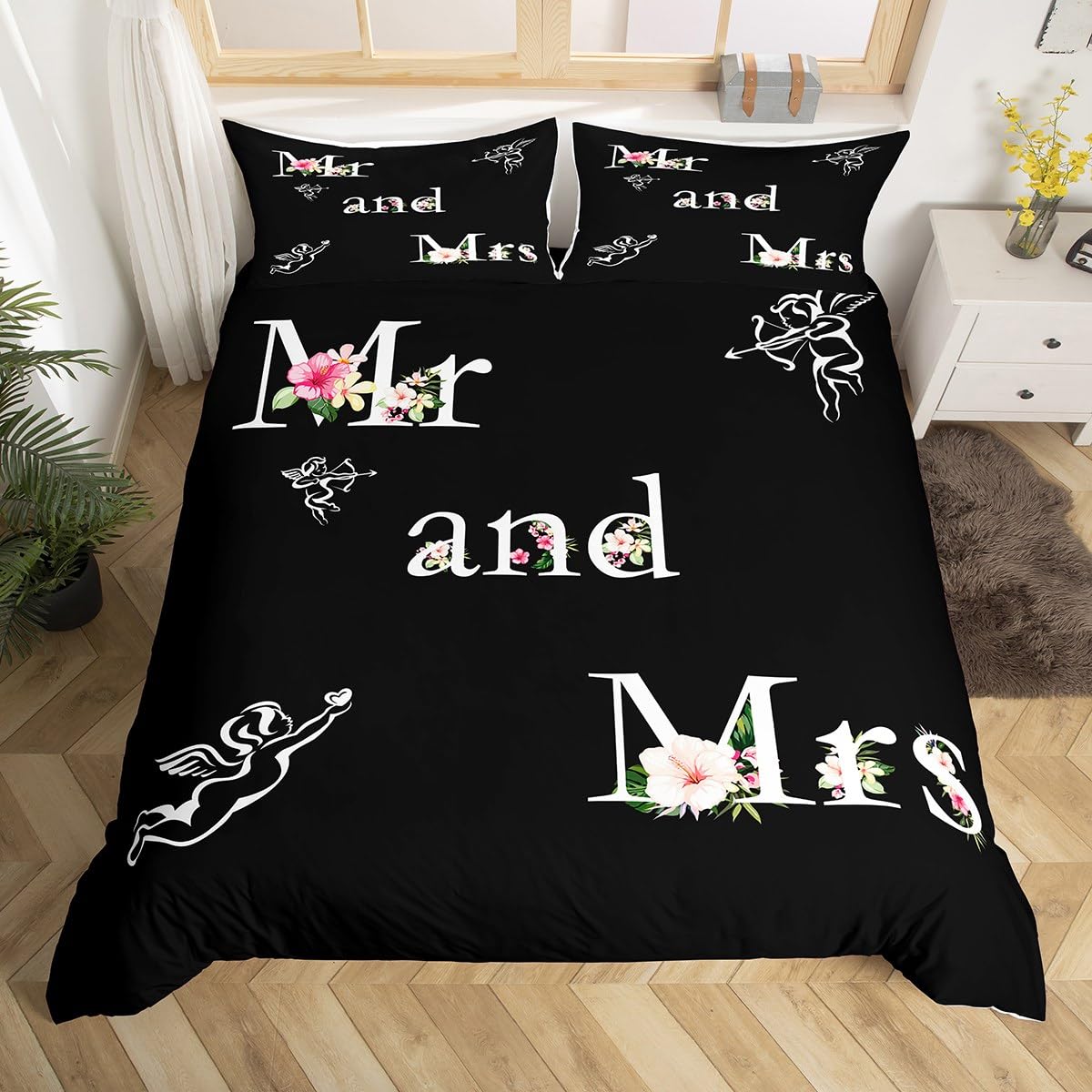 Mr Mrs Duvet Cover Set Super King Size, Pink White Flowers Bedding Set 3pcs for Lovers Couples Adults Room Decor, Romantic Love Theme Comforter Cover Valentine's Day Quilt Cover with 2 Pillowcases