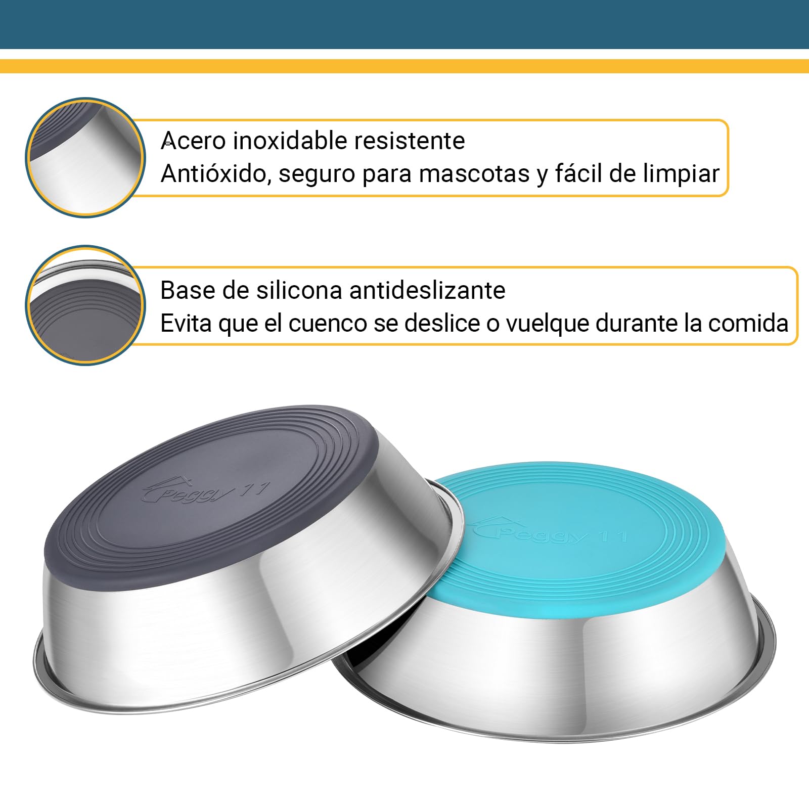 PEGGY11 Comederos para Perros de Acero Inoxidable, Cuencos Antideslizantes con Base de Silicona, 1440 ml, Pack de 2, para Perros Grandes
