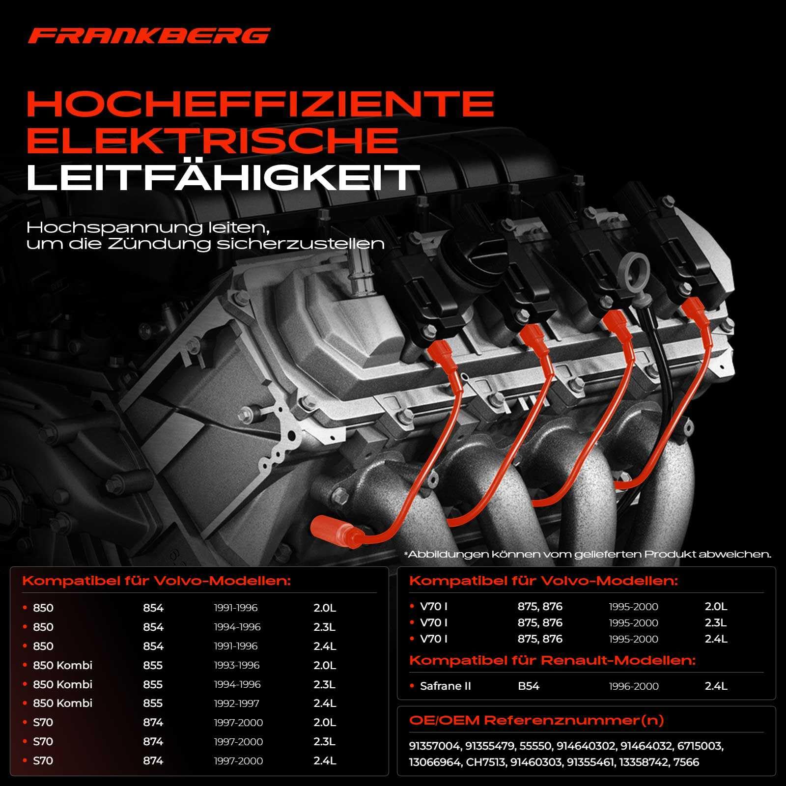 Frankberg 6x Zündleitungssatz Kompatibel mit Safrane II B54 850 854 850 Kombi 855 C70 I Cabriolet 873 C70 I Coupe 872 S70 874 V70 I 875 876 Replace# 91464032