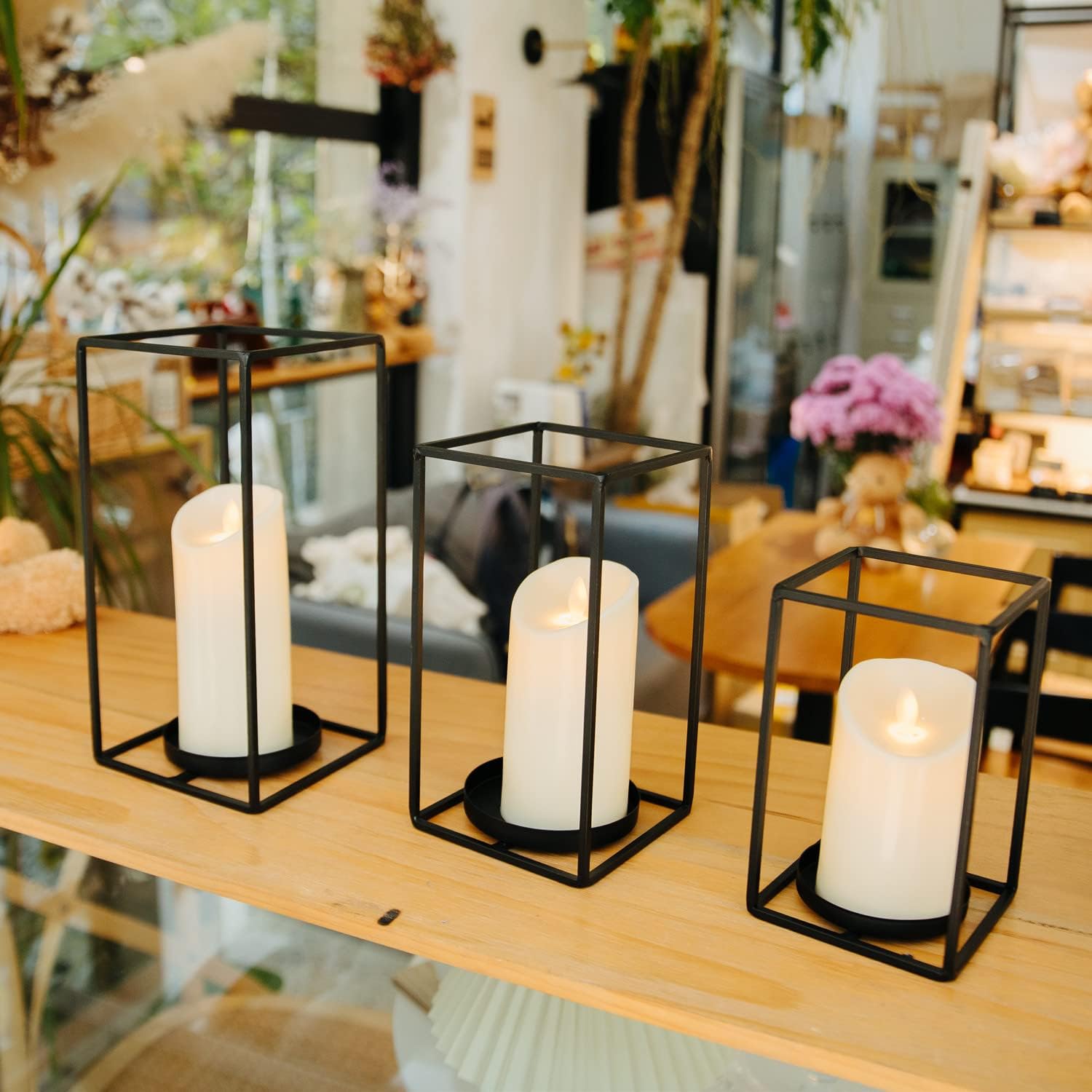 HPC Decor 3PCS Black Metal Candle Lanterns - 7in, 9in, 11in - Modern Farmhouse Decor for Home, Wedding, Party, Holiday