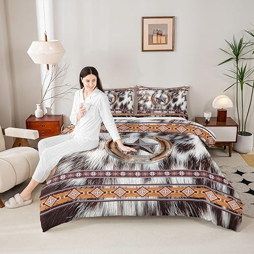 Miniatura 4 de Texas Star - Juego de edredón de herradura estilo bohemio del suroeste, juego de ropa de cama azteca, edredón de plumón de piel de vaca occidental