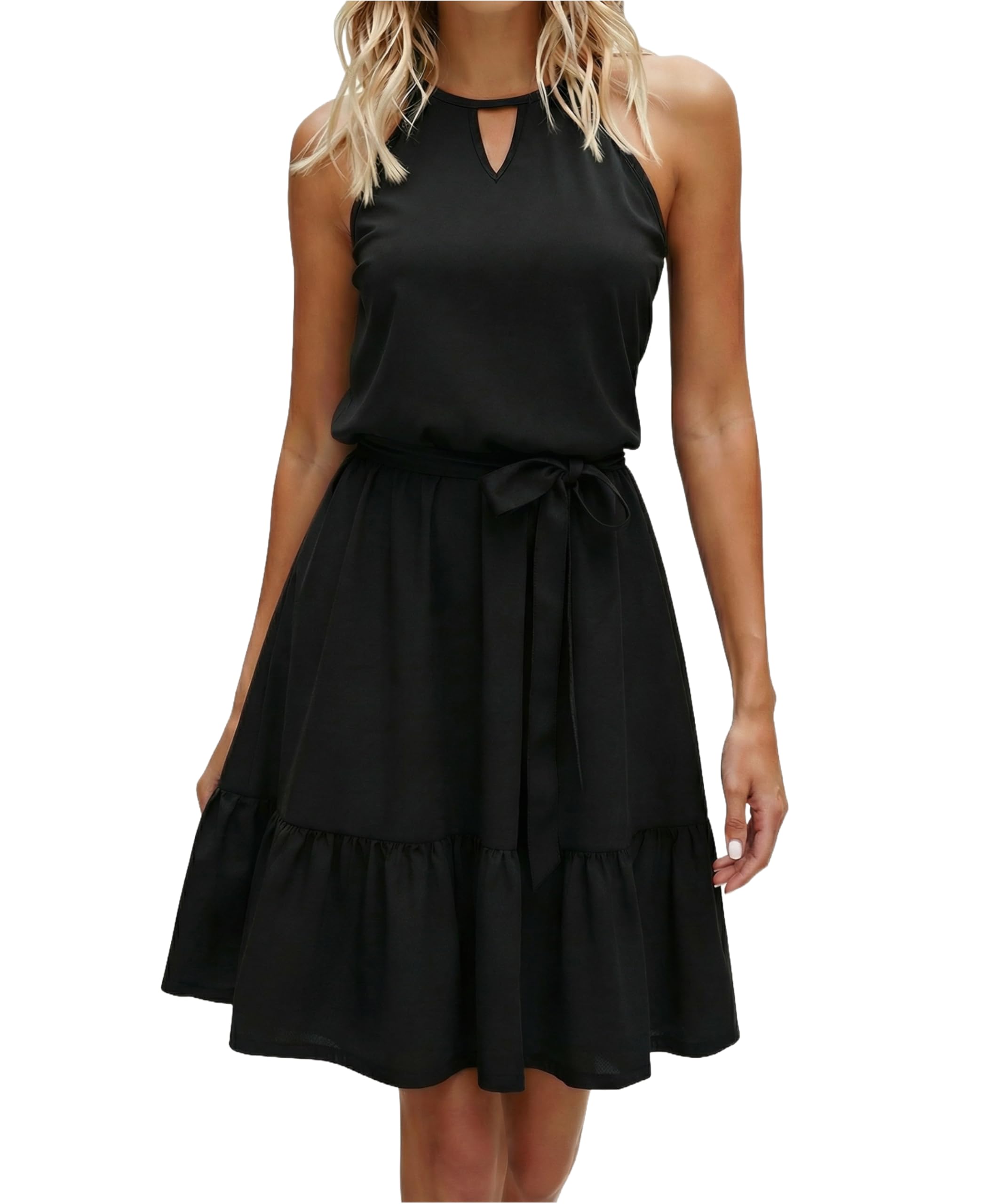 Zeagoo Kleid Damen Sommer Neckholder Kleider Knielang Keyhole Sommerkleid Rüschen Blumenkleid Freizeitkleid mit Taschen