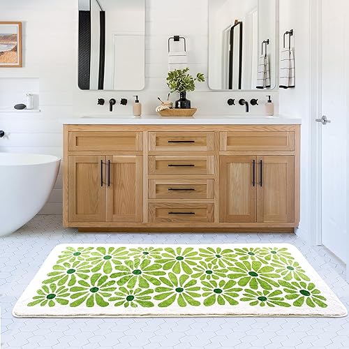 Miniatura 9 de SHIYUE Alfombra de baño larga verde para corredor de baño, suave, antideslizante, lavable, microfibra absorbente (linda flor, 24 x 60 pulgadas)
