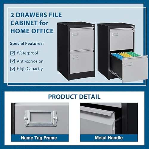 Miniatura 5 de Archivador de 2 cajones, archivador vertical de 16.3 pulgadas de profundidad con cerradura, archivador de metal para oficina en casa, 2 cajones de
