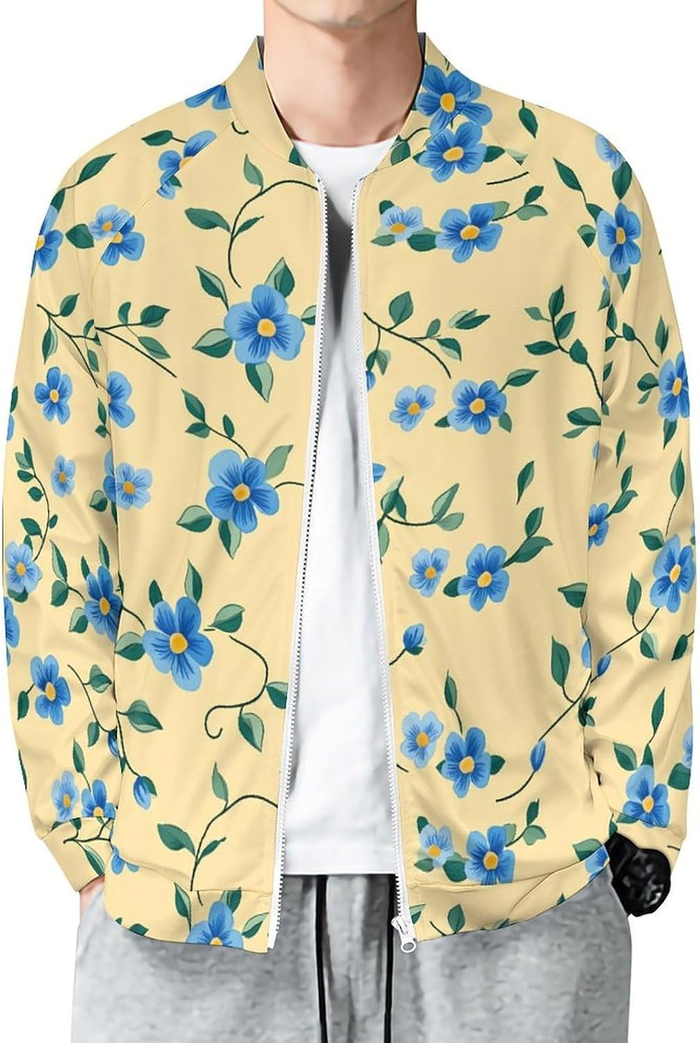 Blue Floral Flower Men's Zip Up Sweatshirt Casual Sweater Jackets Long Sleeve Tops Lightweight Coat