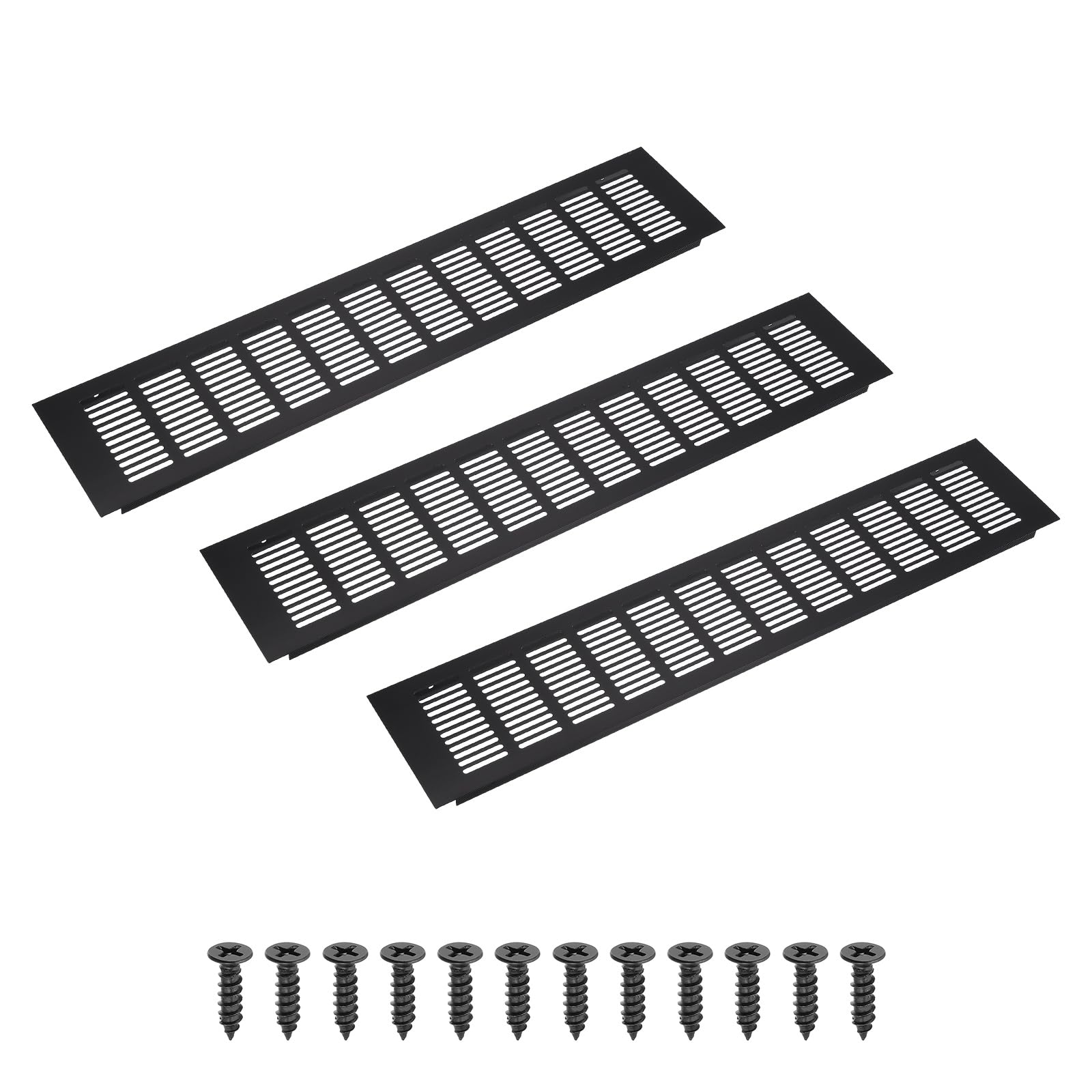 PATIKIL 20 x 4 Inch(500mm x 100mm) Rectangle Ventilation Grille, 3PCS Aluminum Air Vent Cover Louvered Ventilation Cover with Mounting Screws for Cabinet Closet Door Wardrobe, Black