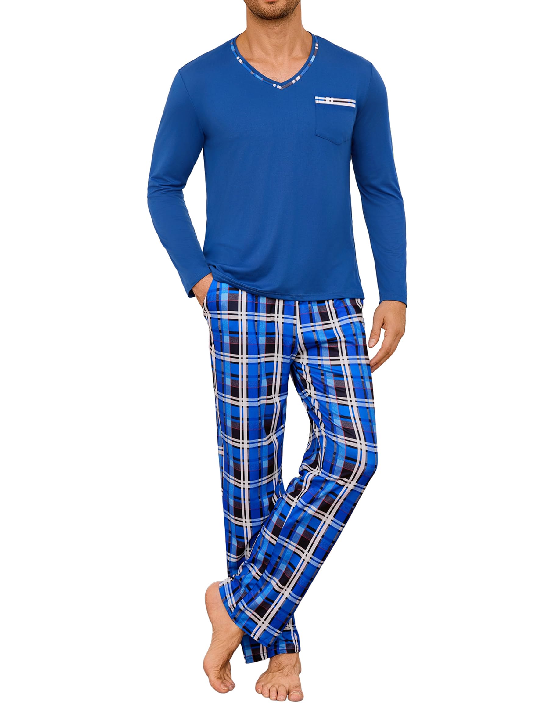 Demegimi Schlafanzug Herren Lang Baumwolle Pyjama Zweiteiler mit V-Ausschnitt & Karohose für Herbst und Winter