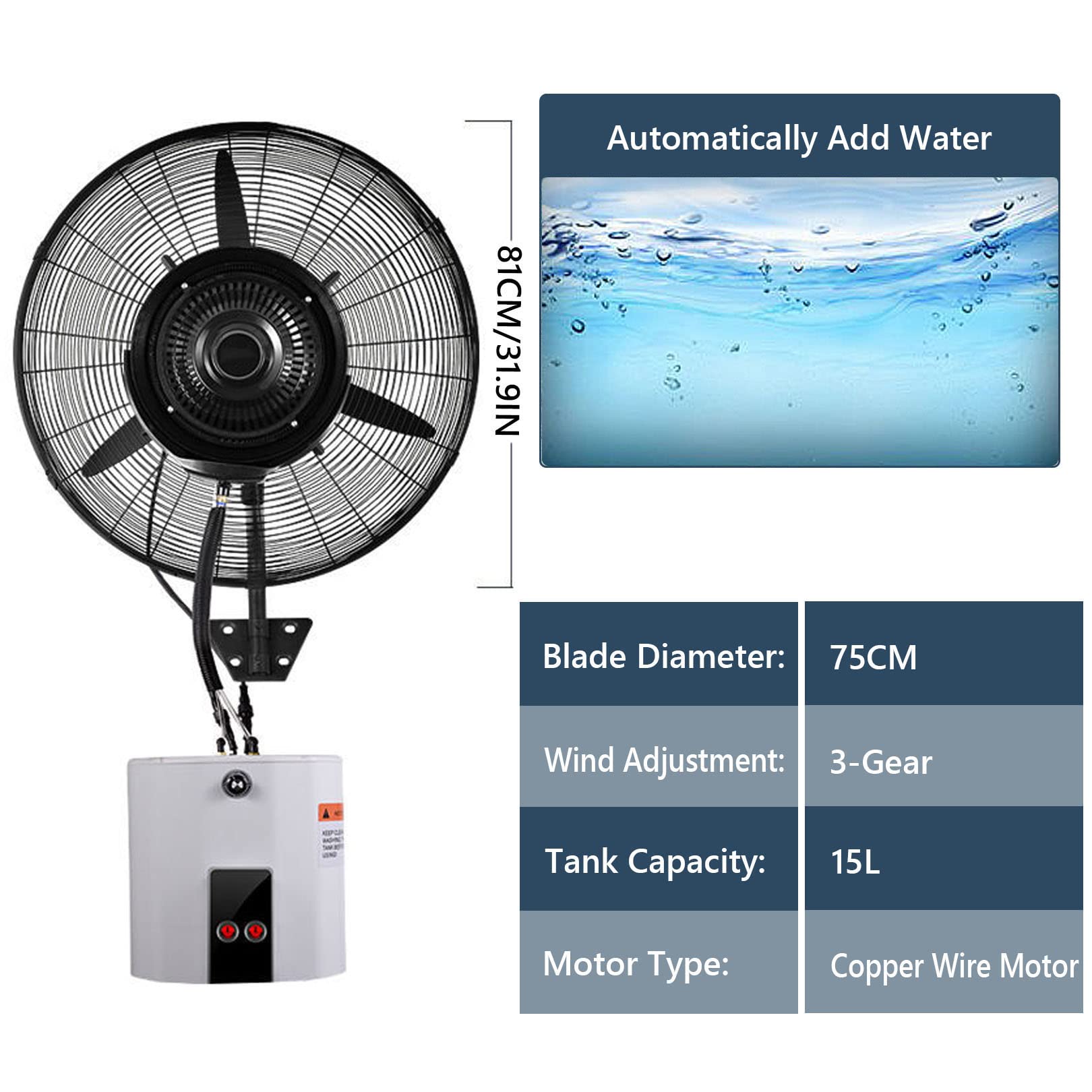 sdneNest Ventilador de pared con 3 velocidades de enfriamiento y tanque de 15 litros, refrigeración para patio, restaurante exterior, garaje, taller, 81 cm