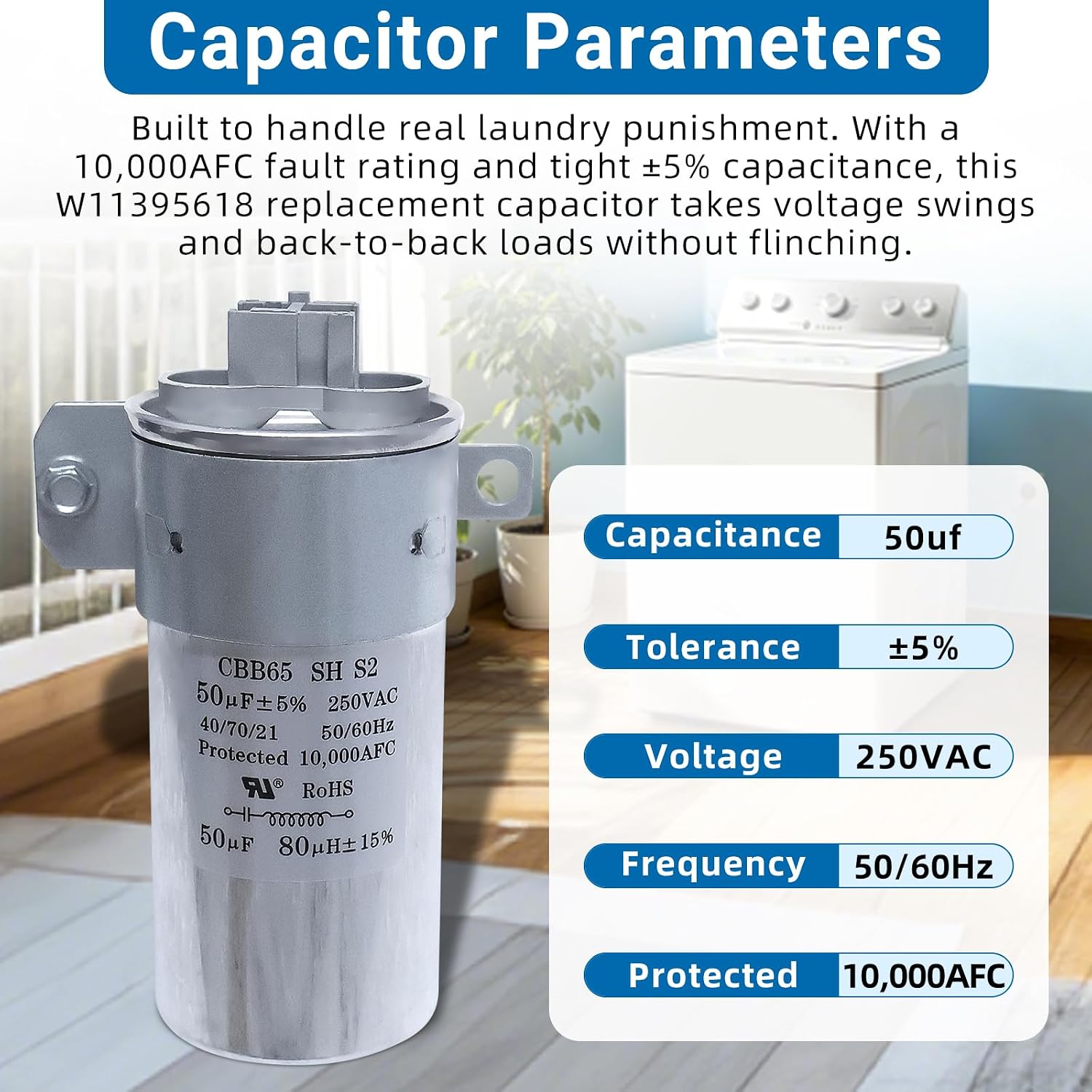 W11395618 W10390446 Motor Run Capacitor 50uF Fits for Whirlpool Maytag Kenmore W10625046 Replace W10843769 W10866250 W11158831 W11162560 W11315694 WPW10625046 4931353 AP6973143 PS12731163 EAP12731163