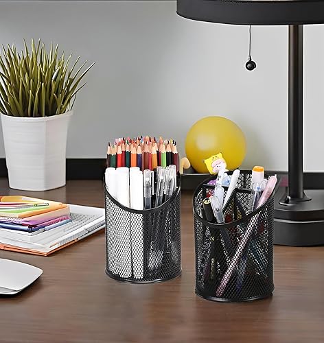 Miniatura 7 de Nicunom Paquete de 4 soportes redondos de malla de acero, organizador de escritorio de metal con 3 compartimentos divididos para escritorio,