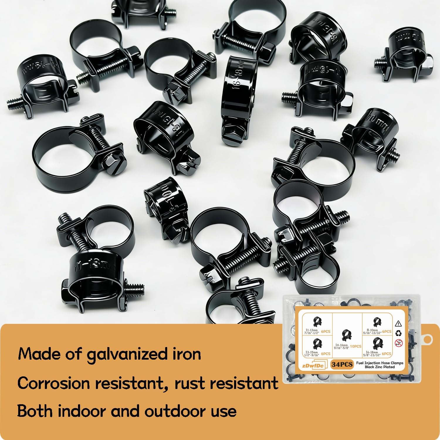 34PCS 5 Sizes 8-18mm Fuel Line Clamps Clips Assortment Kit 1/4" 5/16" 3/8" Fuel Injection Gas Line Automotive Diesel Petrol Pipe Hose Clamps DD025-BN