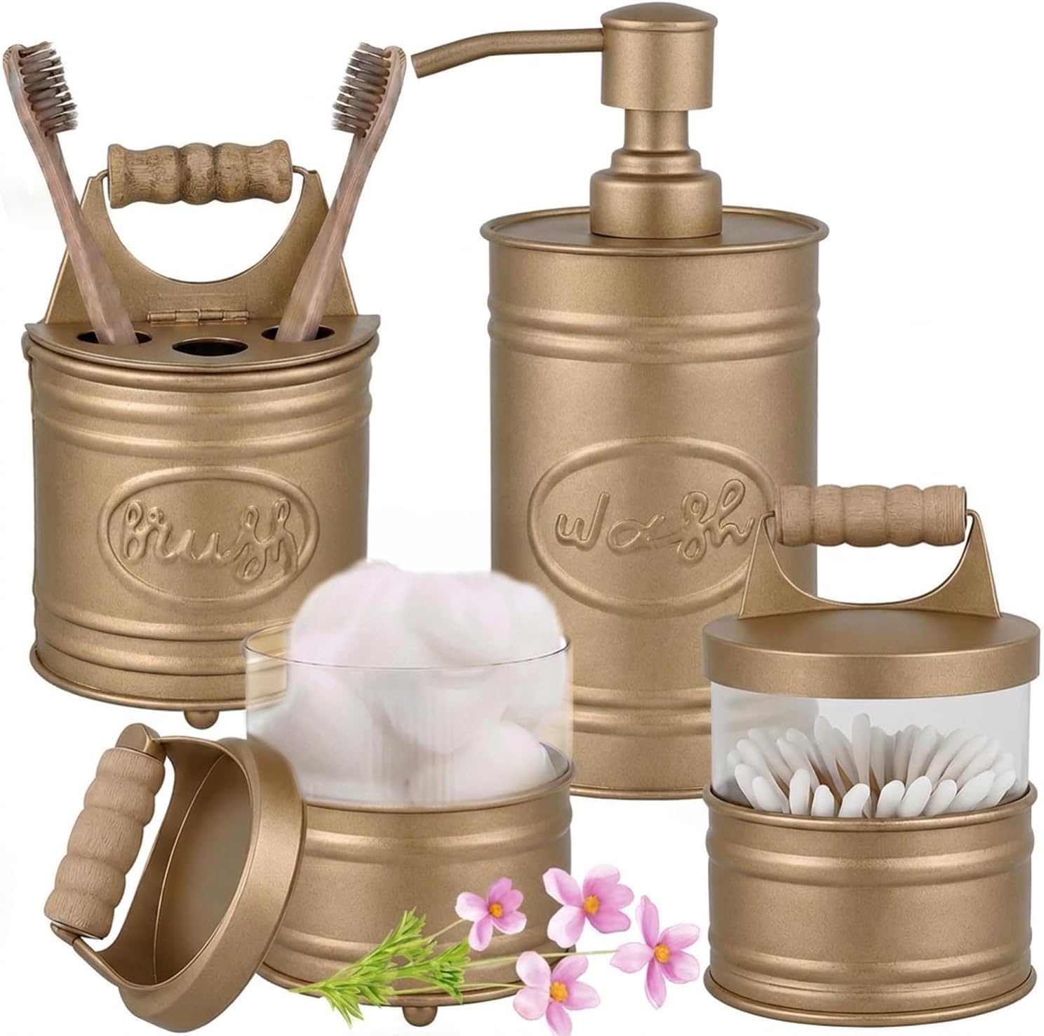 Autumn Alley Antique Gold Bathroom Accessories Set 4 - Farmhouse Soap Dispenser, Toothbrush Holder, 2 Apothecary Jars Qtip Holder - Gold Bathroom Decor – Rustic Farmhouse Bathroom Accessories