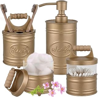 Autumn Alley Antique Gold Bathroom Accessories Set 4 - Farmhouse Soap Dispenser, Toothbrush Holder, 2 Apothecary Jars Qtip Holder - Gold Bathroom Decor – Rustic Farmhouse Bathroom Accessories