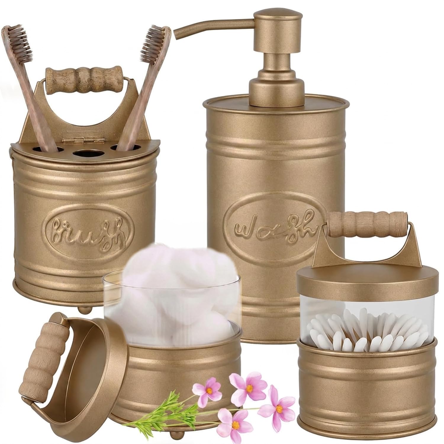 Autumn Alley Badezimmerzubehör-Set in Antik-Gold, 4 Stück, Bauernhaus-Seifenspender, Zahnbürstenhalter, 2 Apothekergläser, Qtip-Halter, goldfarbenes Badezimmer-Dekor, rustikales