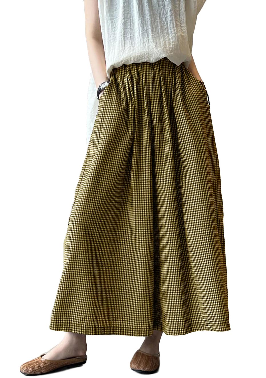 Minibee Womens Linen Palazzo Pants Casual Wide Leg Gingham Pant Boho Plaid Loose Trousers with Pockets