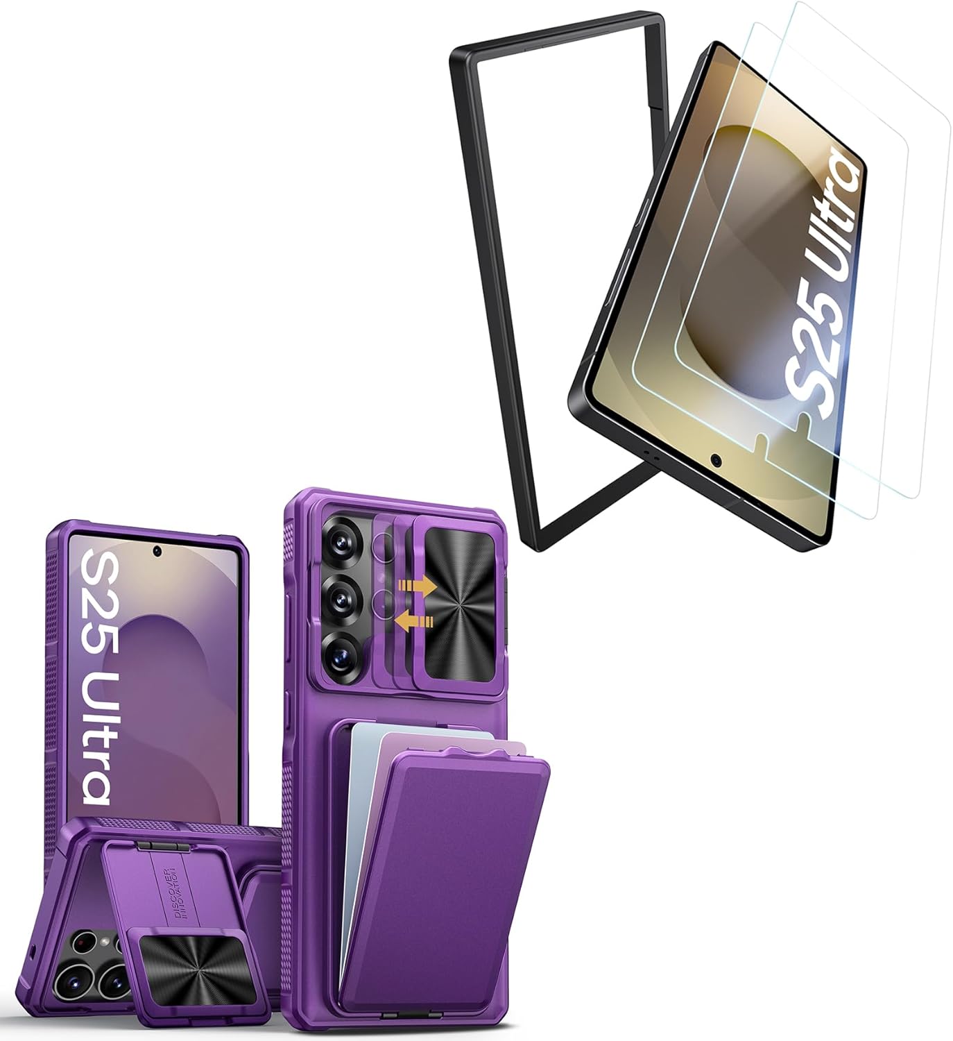 SSLOTSCASE for Samsung Galaxy S25 Ultra Case with 2X Screen Protector & Card Holder & Kickstand & Slide Camera Lens Cover, Silicone Edge Rugged Shockproof Protective Phone Case for S25 Ultra, Purple