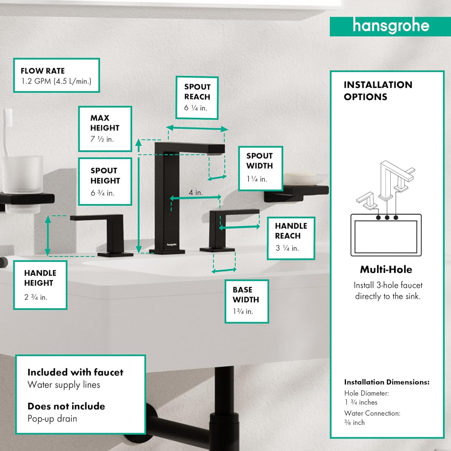 hansgrohe Tecturis E Widespread -Handle -Hole 8-inch Tall Bathroom Sink Faucet in Matte Black, 73031671