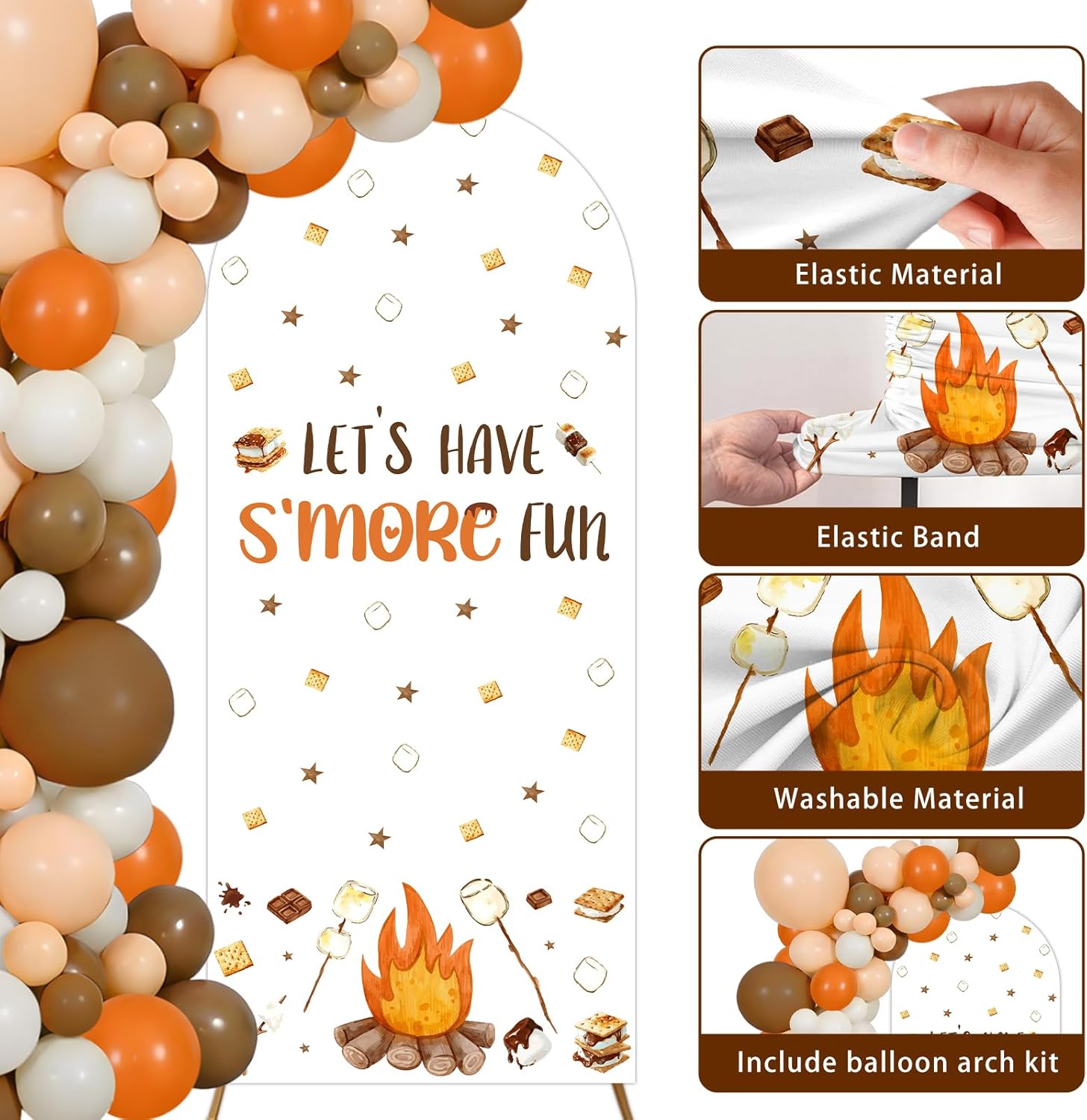 S'mores Party Decorations Let‘s Have S'more Fun Arch Backdrop Covers 6ft Balloon Garland Arch Kit Smores Camping Birthday Party Decorations for Camping Campfire Birthday Baby Shower Party Supplies