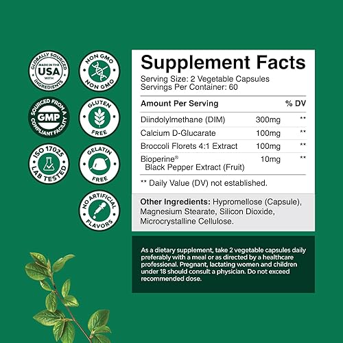 Miniatura 3 de Suplemento DIM extra fuerte para hombres y mujeres, complejo DIM + bioperina para el equilibrio hormonal, diindolilmetano con D-glucarato de calcio