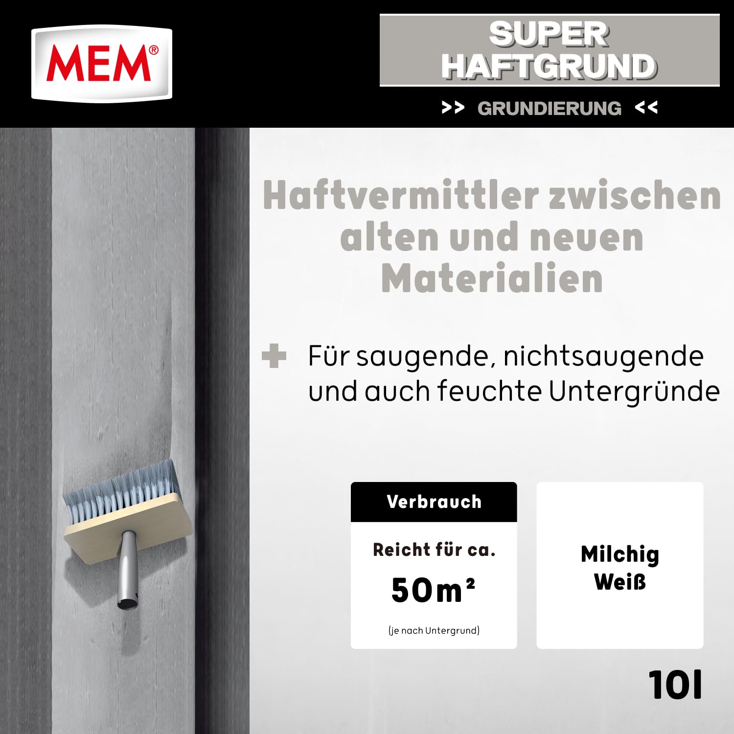 MEM Super-Haftgrund, Intensive Untergrundhaftung, Für saugende und nichtsaugende Untergründe, Lösemittelfrei, 10 l