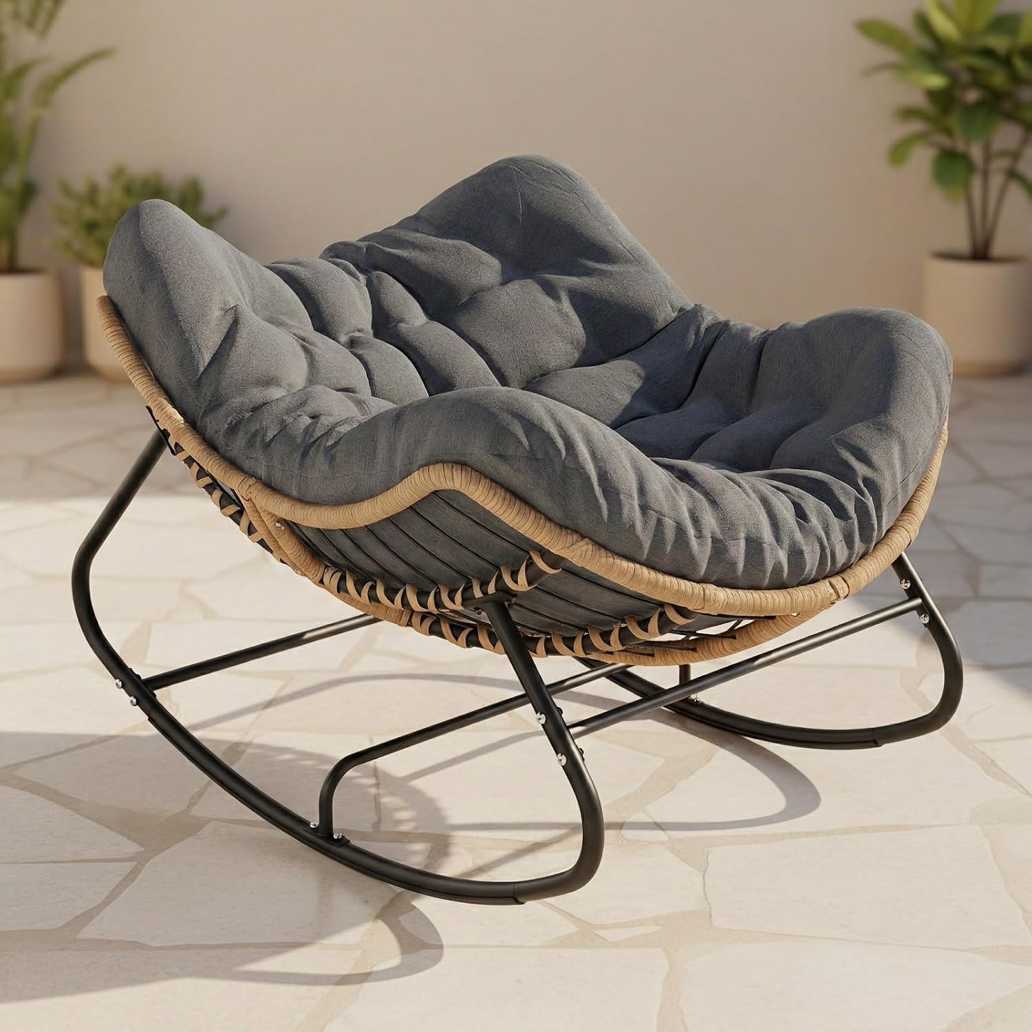 Oversized Papasan Rocking Chair Outdoor, Comfy Wicker Patio Papasan Egg Rocker with Thick Cushion for 450 lbs, Indoor Lounge Reading Chair for Living Room, Porch, Garden, Balcony-Dark Gray