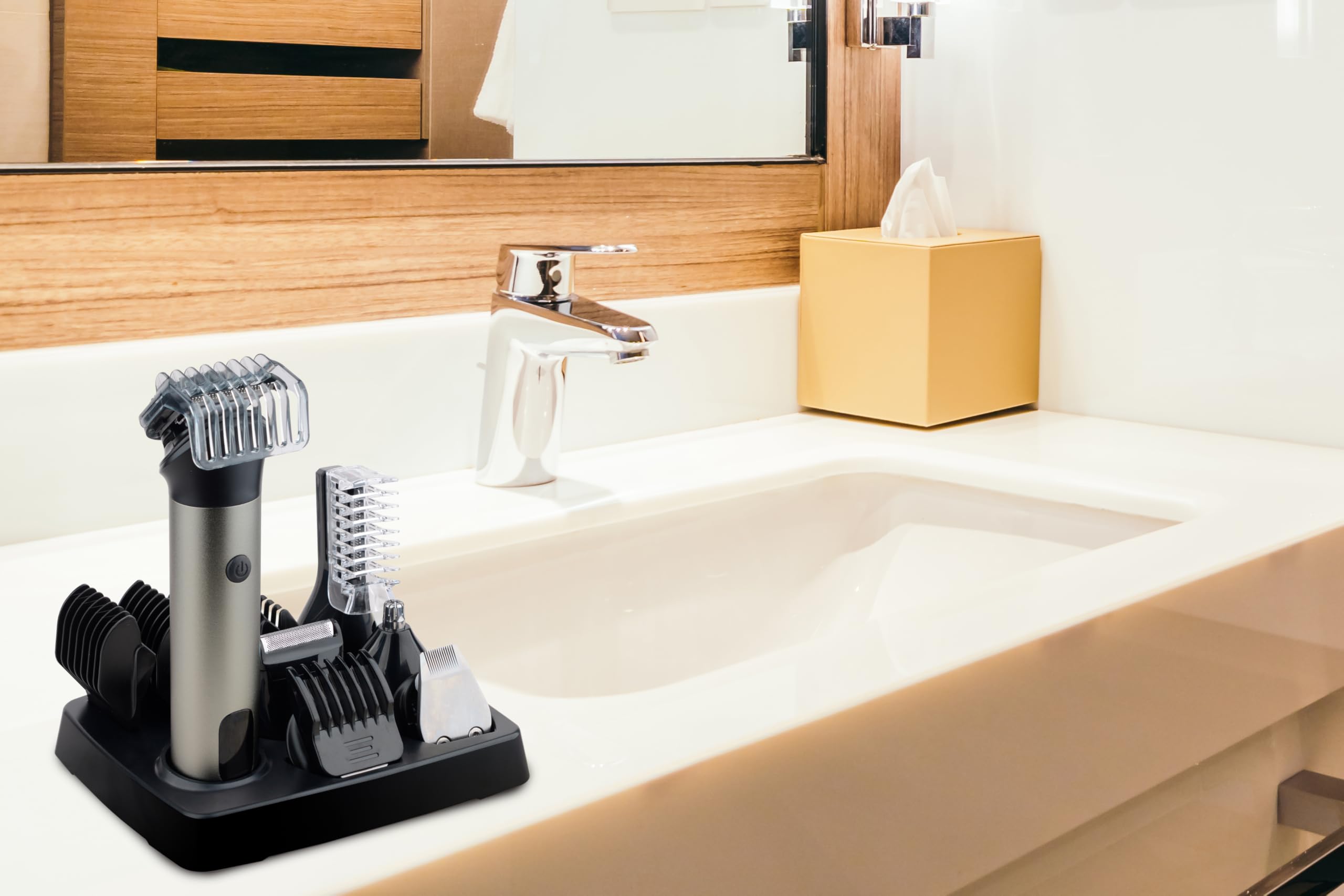 LITTLE BALANCE 8789 Multi 6 Barber Inox, Tondeuse barbe,Tondeuse Cheveux, Rasoir électrique, Tondeuse Corps,Nez Oreilles, Multifonction, 6 têtes interchangeables, Sans fil, Socle de rangement, Noir
