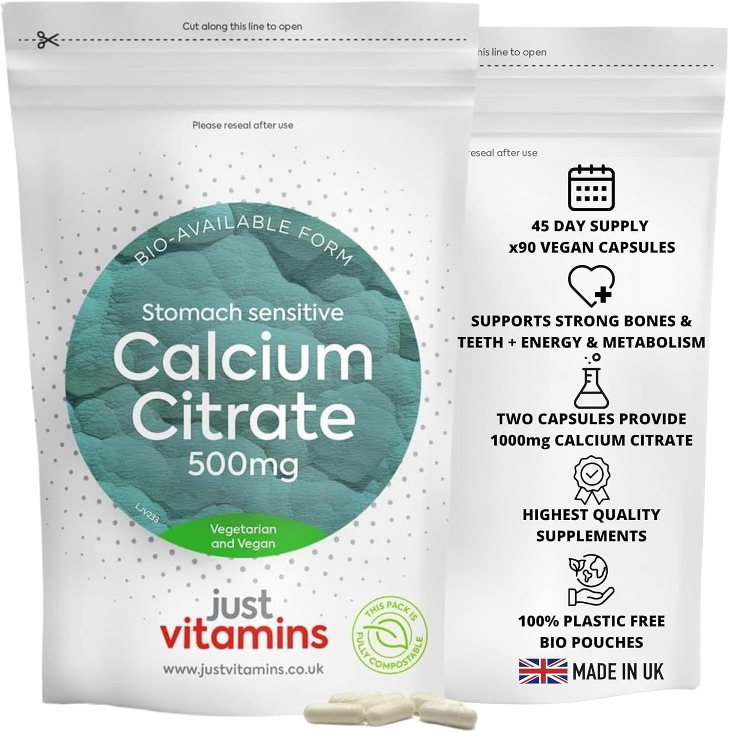 Calcium Citrate 500mg | 90 Vegan Capsules | Supports Strong Bones, Teeth & Muscle Function | Highly Absorbable Form | Contributes to Energy & Nerve Health | UK Made Premium Quality | Just Vitamins
