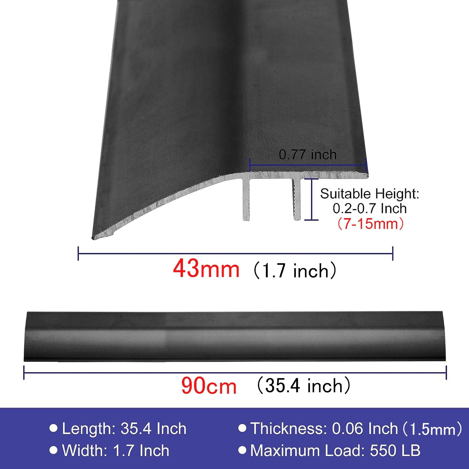 Générique Bande de Transition de Sol en Aluminium Large de 43 mm Réducteur de Seuil pour Porte Moquette Carrelage Seuil de Porte Rampe Carrelage Planches Stratifiées