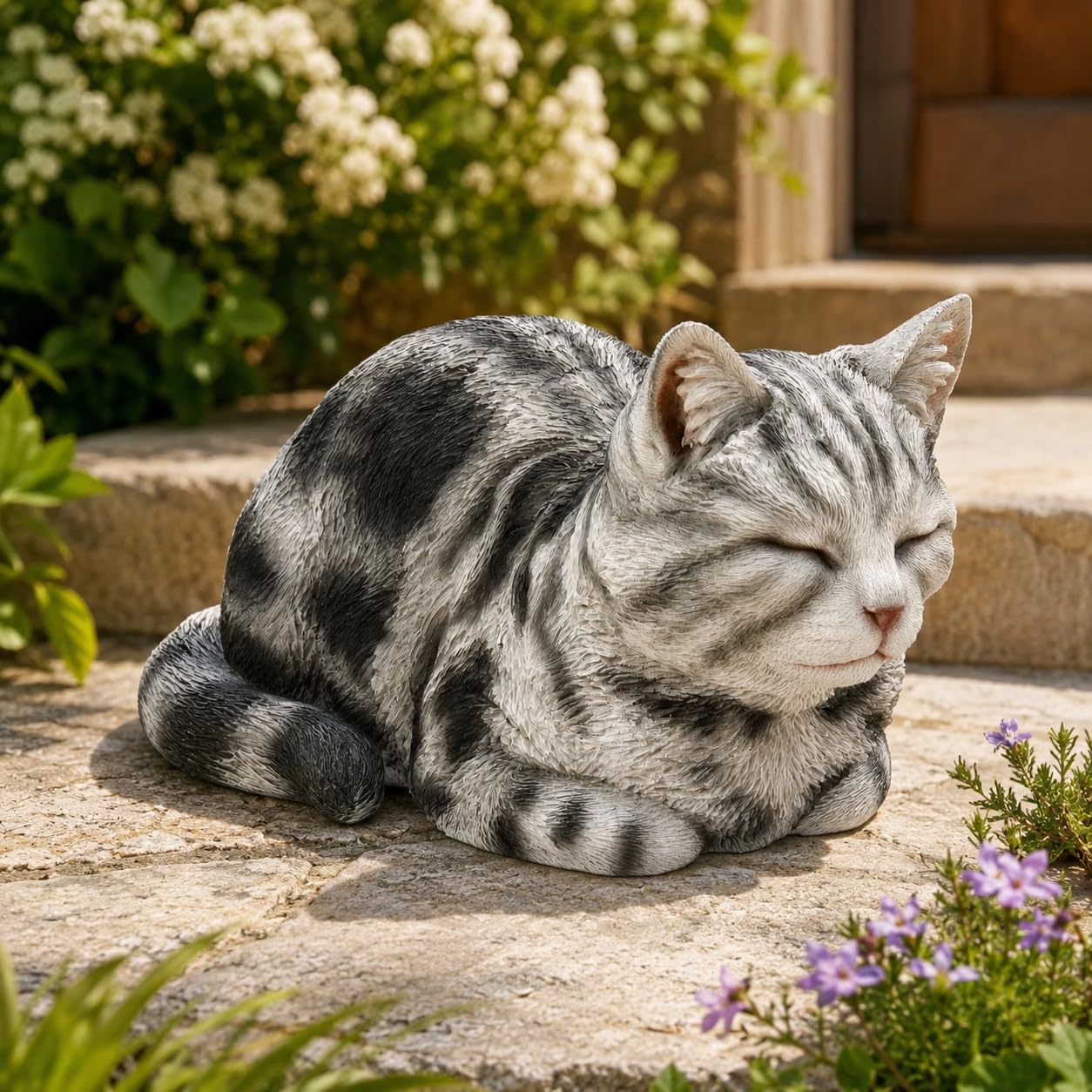 Figuren Shop GmbH Katzenfigur schlafend 34 cm – liegende Tigerkatze grau getigert aus Polyresin, handbemalt und wetterfest – Tierfigur für Garten, Beet, Terrasse und Wohnzimmer