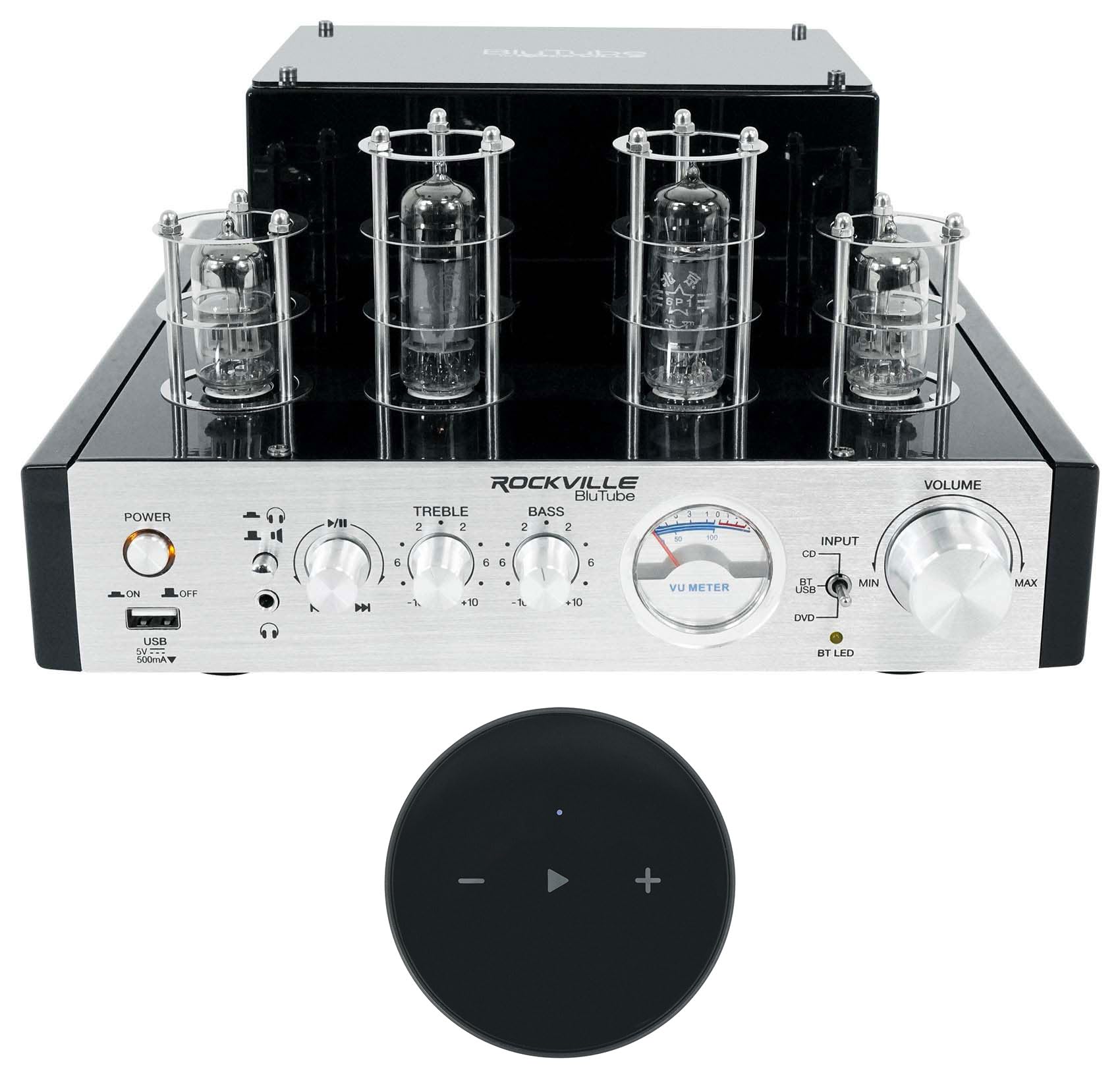 (1) Rockville BluTube 70w Tube Amplifier/Home Theater Stereo Receiver w/Bluetooth Bundle with (1) WiiM Mini WiFi Music Player Wireless Audio Streaming Multiroom Stereo Receiver (2 Items)