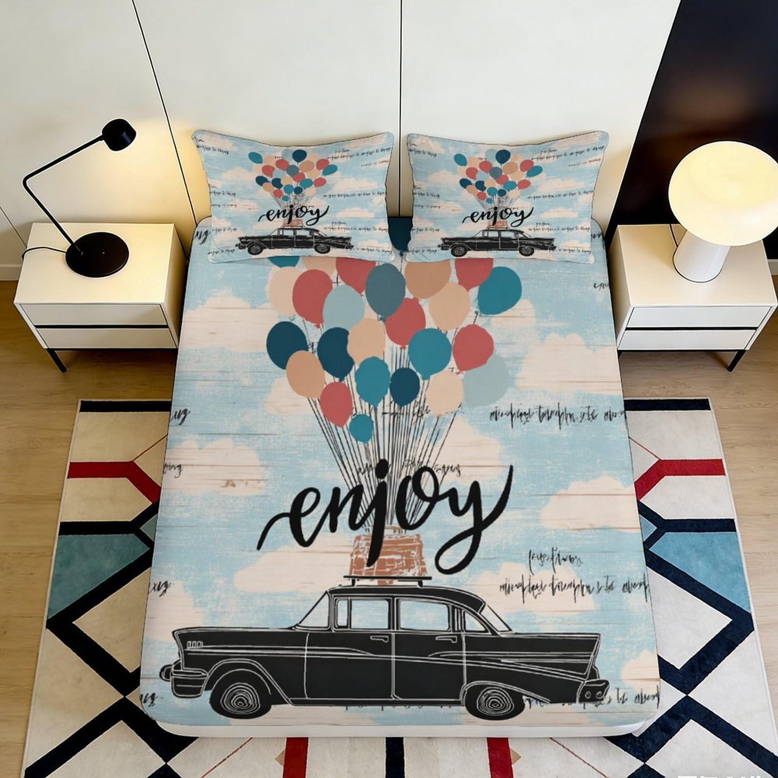 3D Printed vintage car balloon fitted sheet, microfiber soft touch, wrinkle resistant, apartment bedding, bedroom decor, easy care, dustproof, guest room use 90x200x25cm