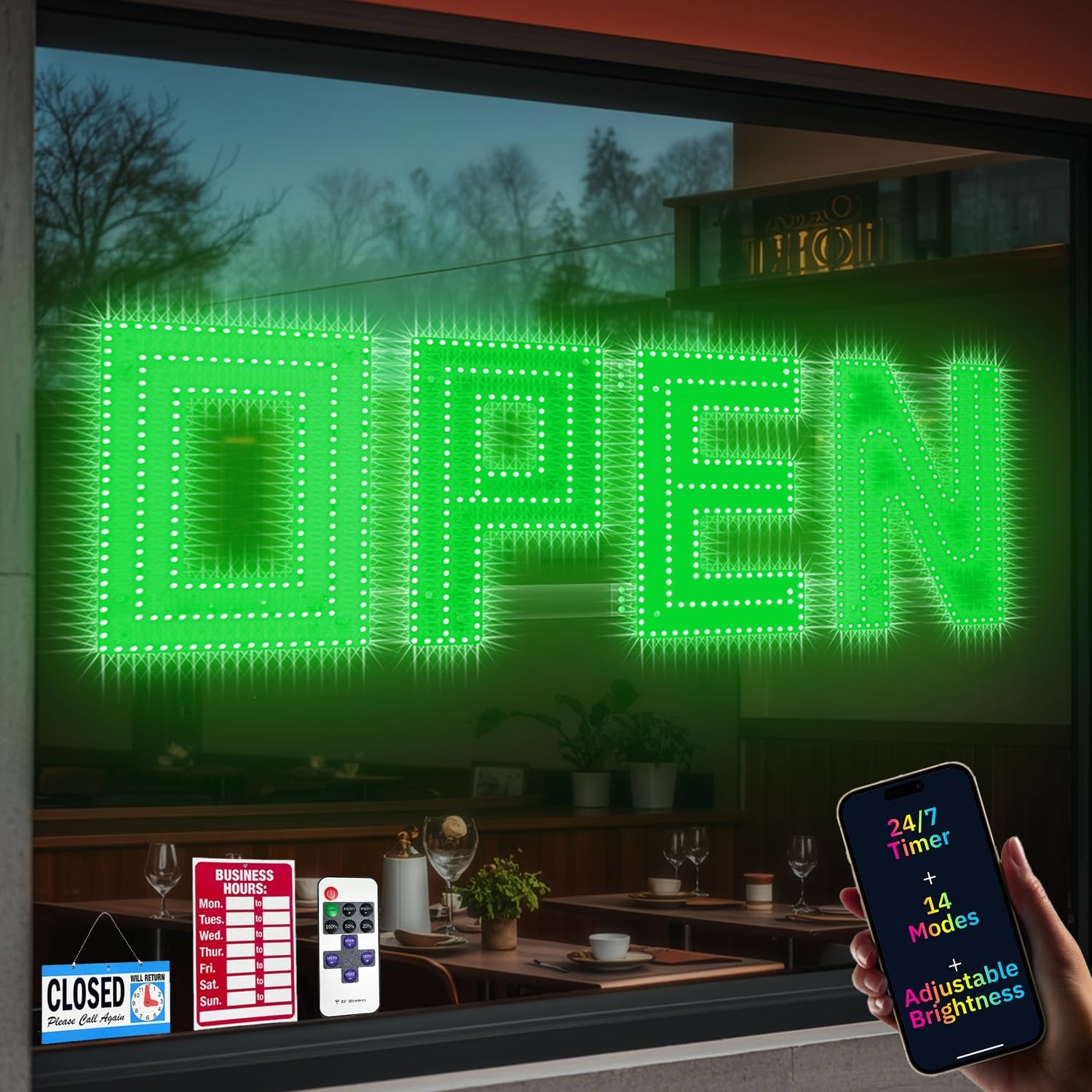 30"x10" Large LED Open Sign with Bluetooth, Remote & Timer Control – Super Bright Dimmable Business Sign for Storefront, Bar, Salon, Cafe, Retail Shops Green