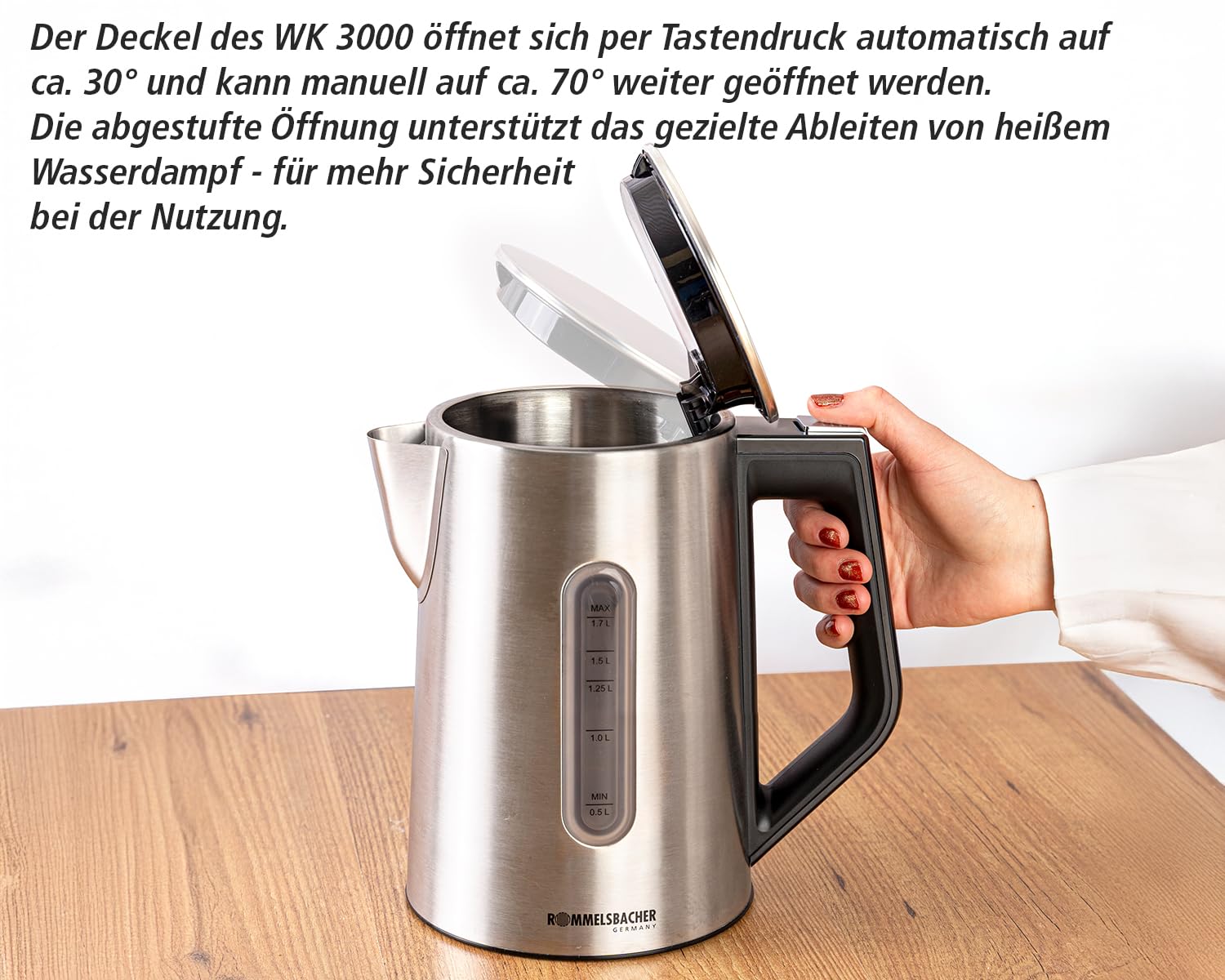 ROMMELSBACHER Wasserkocher WK 3000 – Stiftung Warentest Sieger 3/2025, 1,7 Liter, 1-Tasten-Steuerung, Stellstart-Funktion, Temperaturwahl von 45-100 °C, geschlossener Kannenboden, Kochstoppautomatik