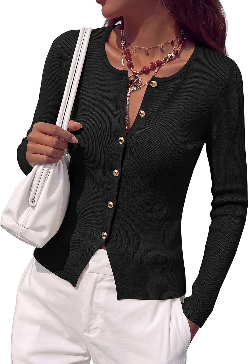 PRETTYGARDEN Long Sleeve Button Front Cardigan Sweaters for Women Fall Tops | Crewneck Rib Knit Fitted Sweater, Soft Short Cardigans, Business Casual Office Work Tops, Date Night Fashion Clothing Outfits