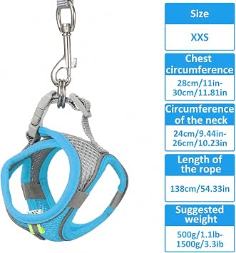 Bunny Harness and Leash Set Breathable Pet Rabbit Harness and Leash Set Soft Rabbit Leashes Reflective Strips Jacket Escape-Proof Walking Gear for Rabbits, Small Kitten, Puppy, Guinea Pigs (Blue, XXS)