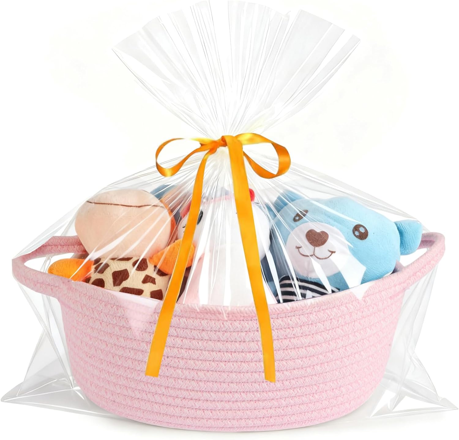 Small gift Basket with Bag and Ribbon Included,Cotton Rope Woven Storage Basket, Pink, Organic Cotton, 12x8x5 Inches, with Handles,Cute Baby Toy Basket