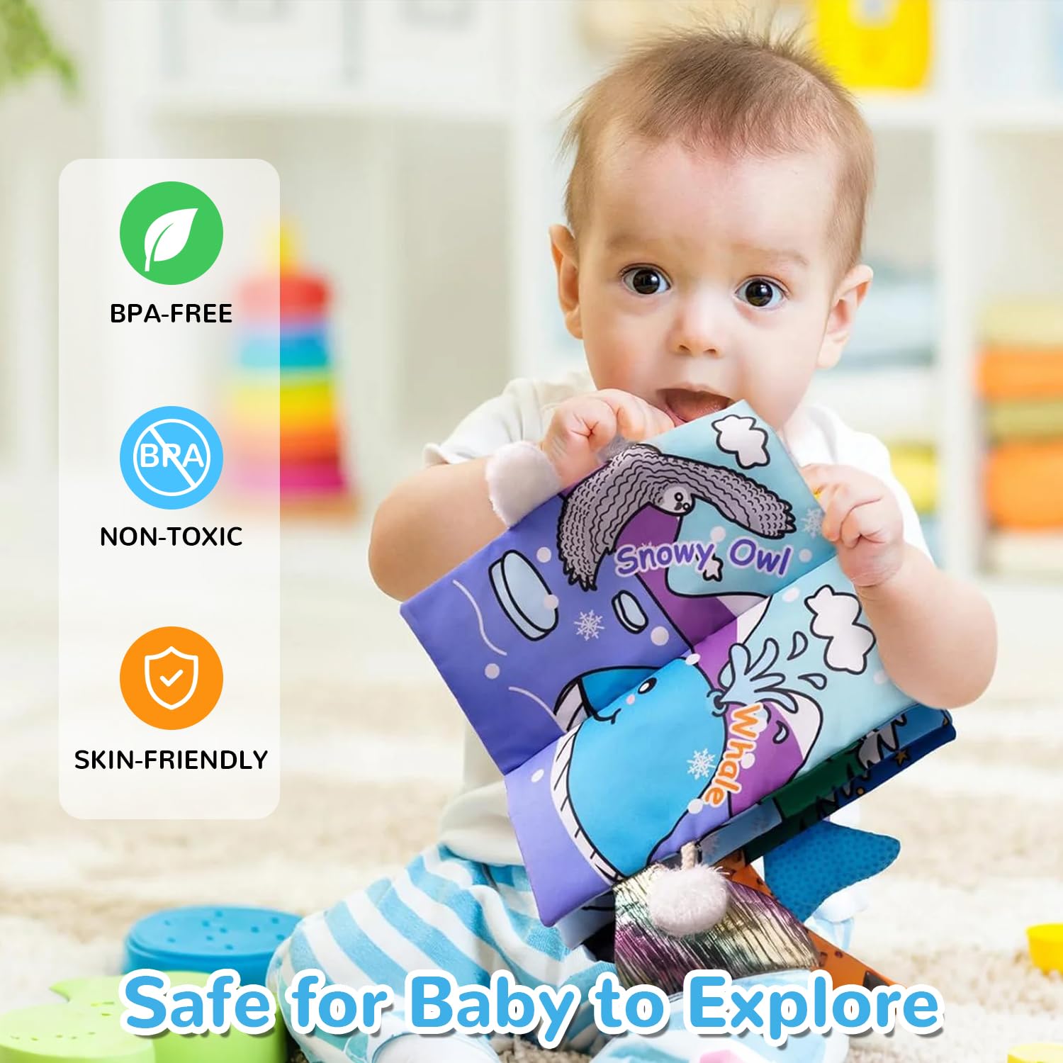 Libros de tela para bebé, libros de cola, libros de actividad arrugados suaves para el desarrollo temprano de los niños pequeños de 3 meses (colas de océano) 5