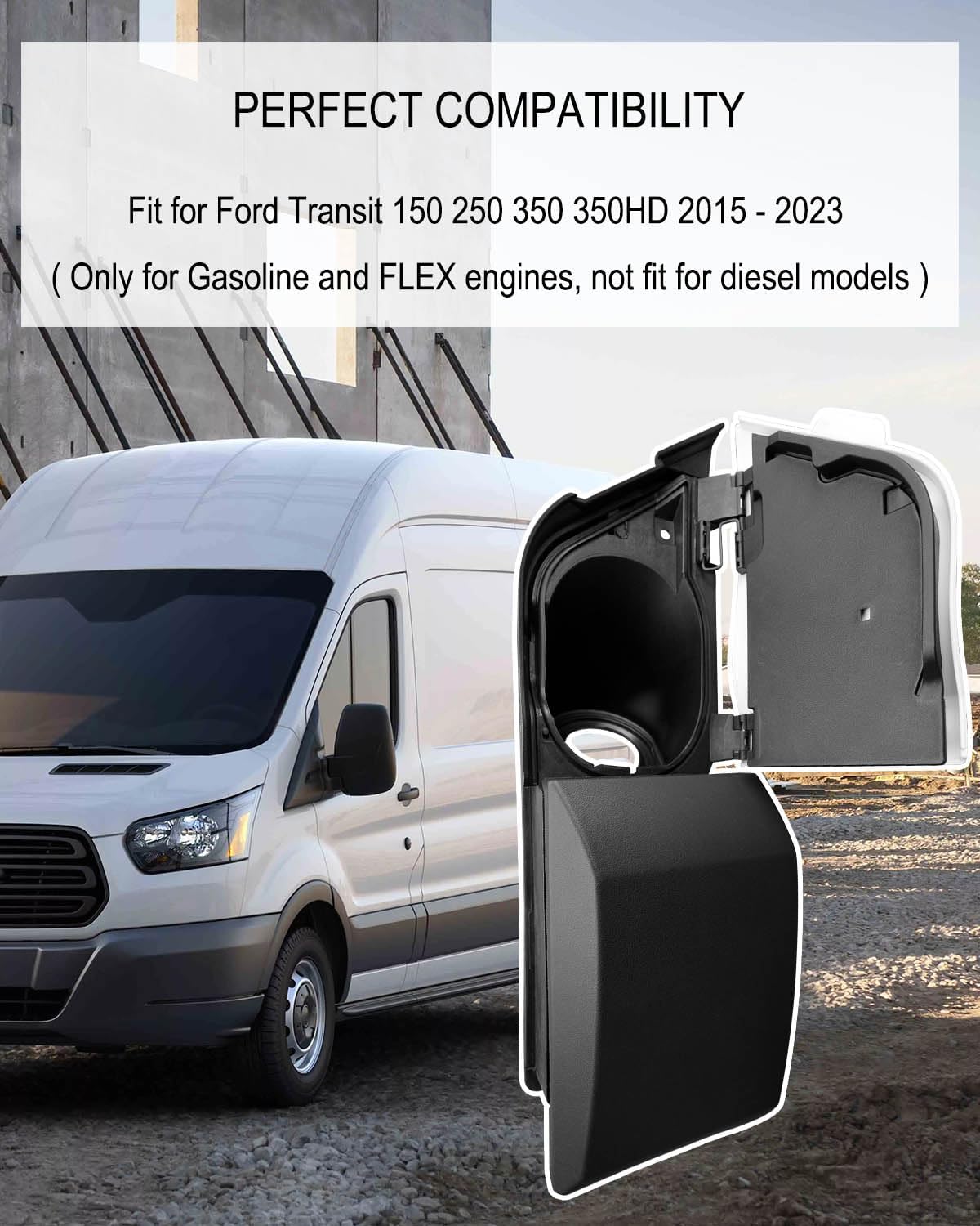Fuel Filler Door Housing Assembly Kit Fit for Ford Transit Van 150 250 350 2015-2023, Gas Door Cover + Moulding Trim Included, Replace CK4Z-5427936-A CK4Z-5427936-F