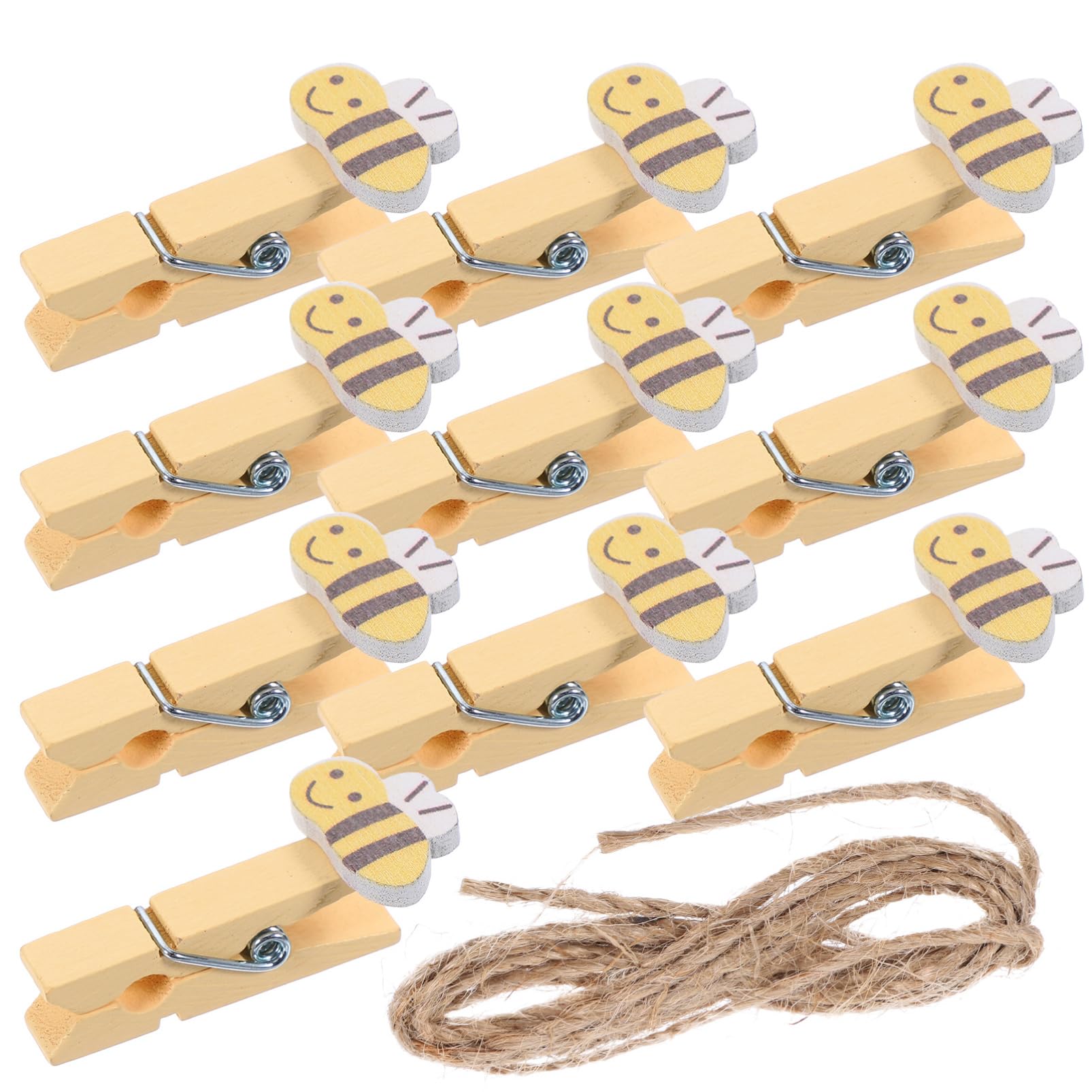 Anneome 10Pcs Handmade Cartoon Bee Mini Clothespins with Twine Decorative Wood Clips for Photos Crafts Snacks and Party Favors for Displaying Artwork and Memorable Moments