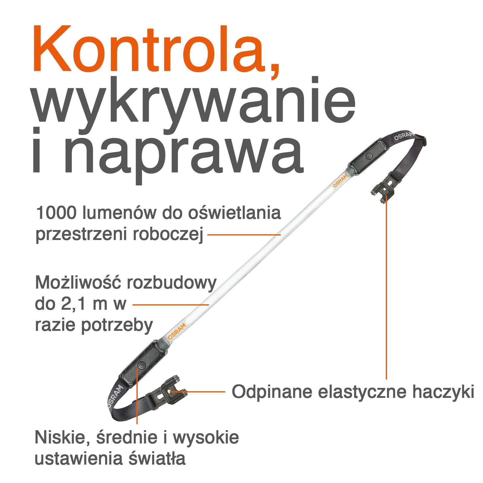 OSRAM LEDInspect FLEXIBLE INSPECTION LIGHT, akumulatorowa lampa inspekcyjna LED, 6000K, jasność do 1000 lm, zdejmowane paski elastyczne