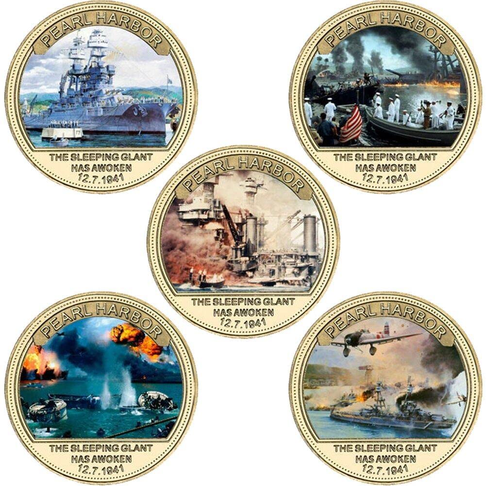 Wudaizhi As Shown 80Th Anniversary Attack On Pearl Harbor Gold Commemorative Coin Set, 5Pcs Us Army Challenge Coins Collectible Souvenir