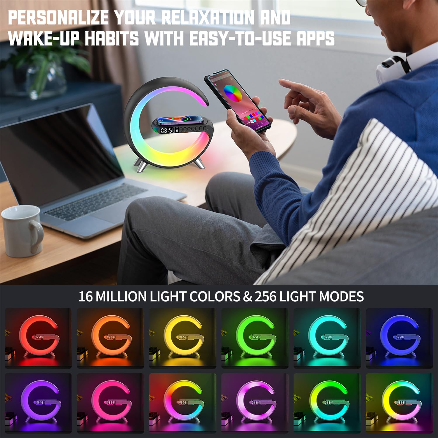 Lampada da tavolo a LED intelligente, caricabatterie wireless 4 in 1, luce notturna, sveglia, altoparlante Bluetooth con controllo app, lampada da comodino con stazione di ricarica per camera da letto