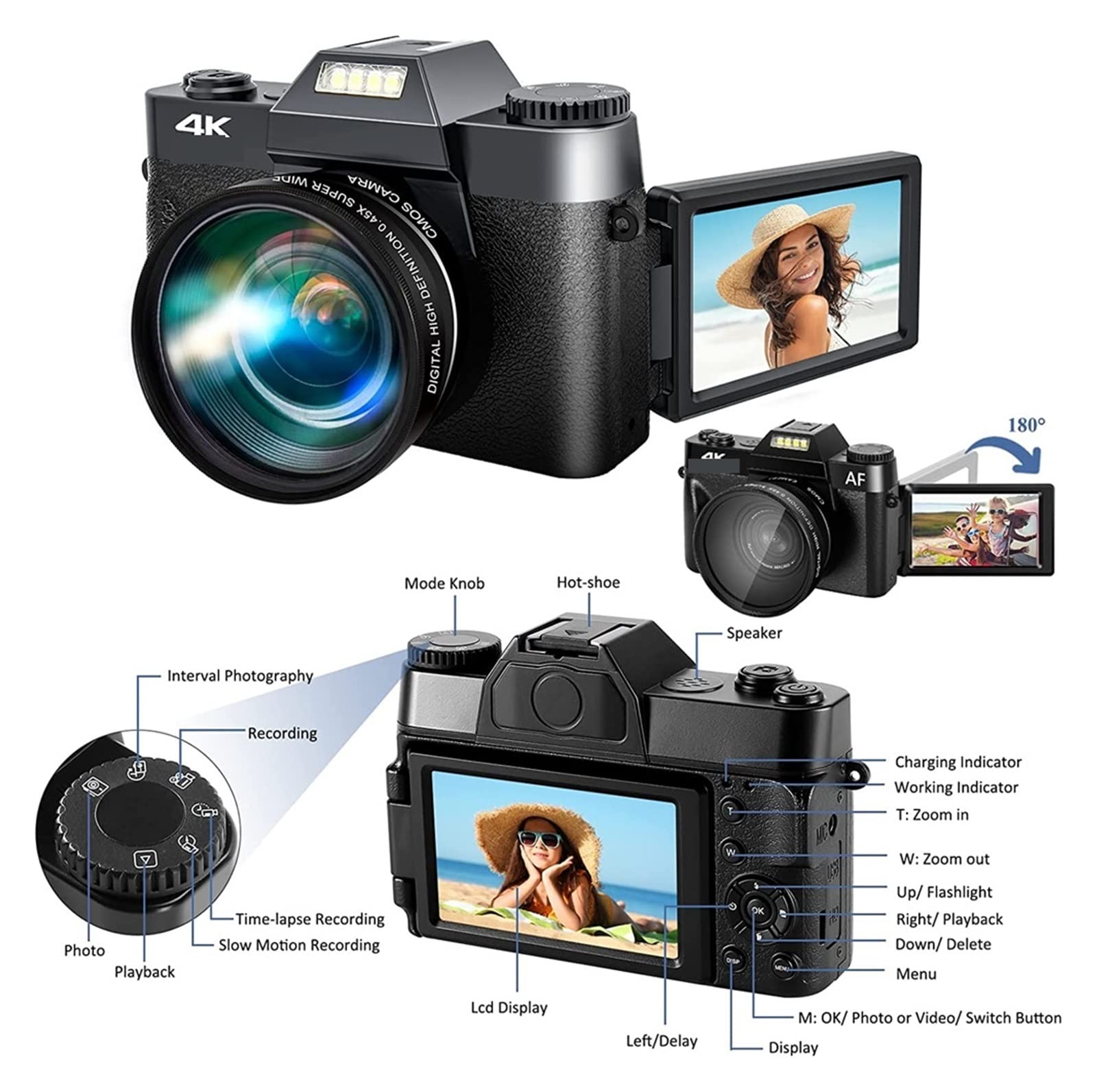 Aparat cyfrowy, aparaty fotograficzne, Odwróć ekran 4K Selfile kamera Stream obiektyw makro Vlog wideorejestrator fotografia 48MP aparat cyfrowy szerokokątny Przenośny do podróży i dobra żywotność bat