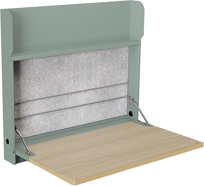 Vari Hide-Away Wall Mounted Floating Desk - 32” Foldable Murphy-Style Desk for Bedroom, Dorm, Apartment + Cable Ports, Bungee Storage, Shelf, 100 Lb Capacity + Simple Assembly (Seafoam/Light Wood)