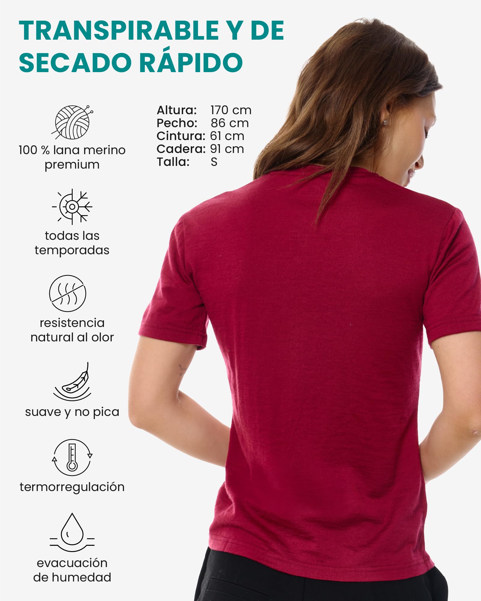 Merino.tech Camiseta Termica Lana Merino Mujer - Ropa Interior Base Layer 100% Lana Merino para Mujer (Large, Dark Red Crewneck)