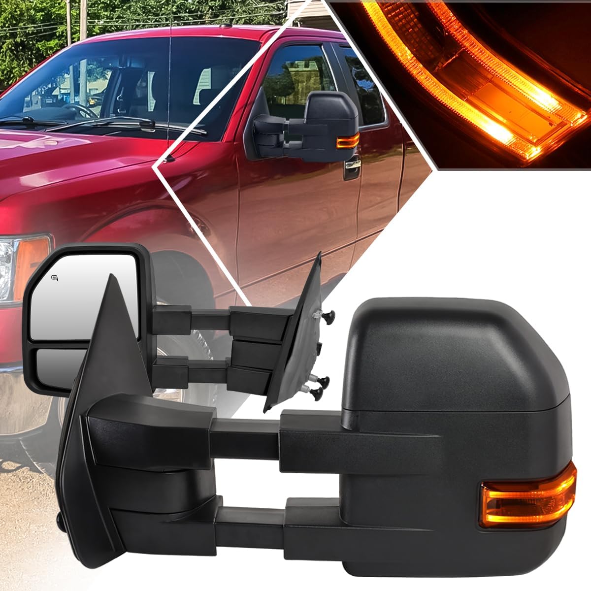 [Pair] Black Power Heated Tow Towing Mirrors Side Mirrors w/LED Signal+Puddle Lamp Compatible with 04-14 Ford F150