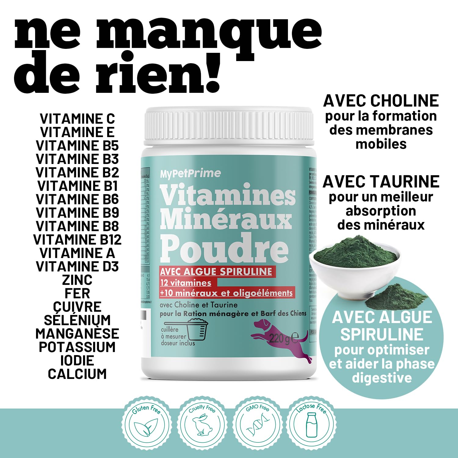 Multivitamines pour Chiens | Équilibre la Diète Maison et Barf | 12 Vitamines + 10 minéraux | avec Algue Spiruline | en Poudre | 220g